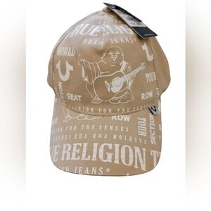 NWT TRUE RELIGION Buddha snapback cap.  Mens.  One size.  Beige/Tan & white.